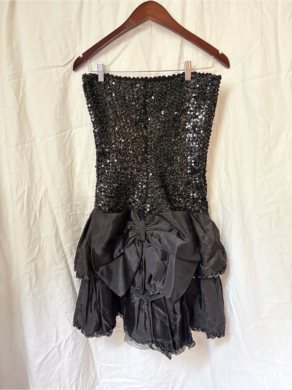 Rare Black Sequin Bow Party Dress Vintage 1980s size XL